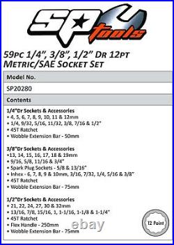 Sp Tools Socket Set 59pc 1/4 3/8 & 1/2dr 12pt Metric/sae (sp20280)