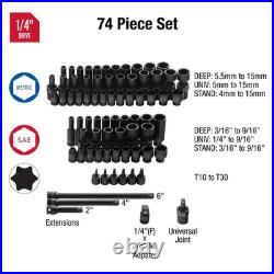 Sunex 1874 74Pc 1/4Dr SAE & METRIC 6PT STANDARD & DEEP WithUNIVERSAL SOCKET Set