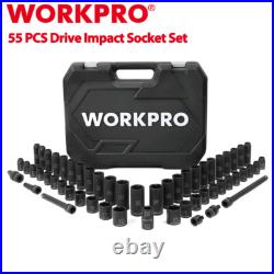 WORKPRO 55PC 1/2 Drive Deep Shallow Impact Socket Set SAE Metric 6 Point Socket